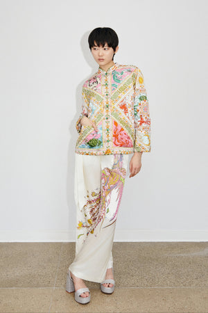 Model Cat wearing Du & Berry Four Divine Creatures Quilted Placement Print Jacket with Phoenix White Silk Placement Dragon Print Belted Trousers