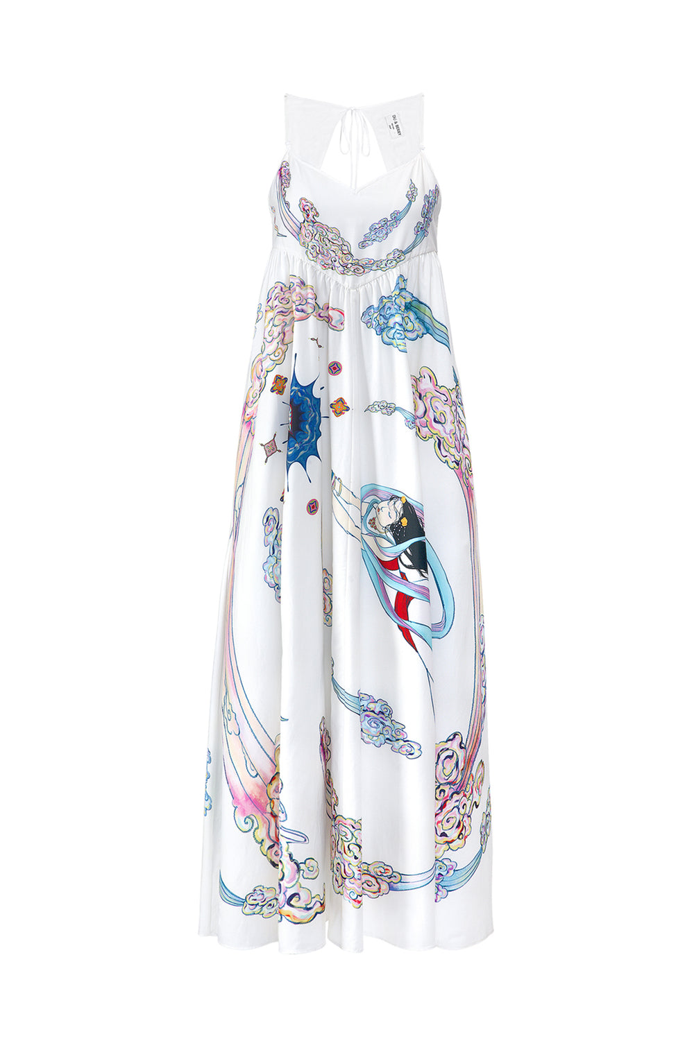 Full front view of model on grey background wearing Nuwa silk and cotton open back dress in white with multicolor Chinese print