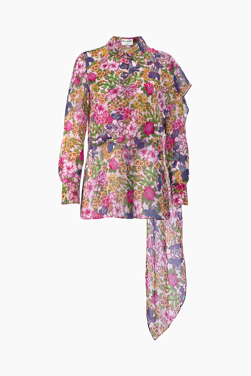 Du & Berry tops featuring Floral Symphony Scarf Chiffon print with vibrant pink and purple floral patterns