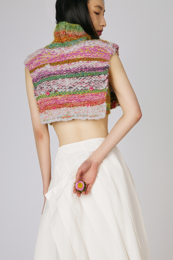 Back view of model wearing one of a kind unique striped cropped wool, cashmere, and silk knit sweater top with Du Cotton Poplin Midi Skirt