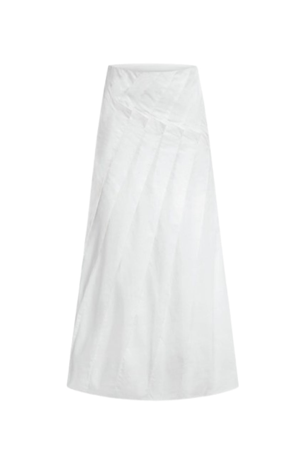 Full length view on model wearing Du & Berry Du White Cotton Poplin Pleated Midi Skirt and Du & Berry One of A Kind knit cropped Wool Cashmere Turtleneck Top holding flowers