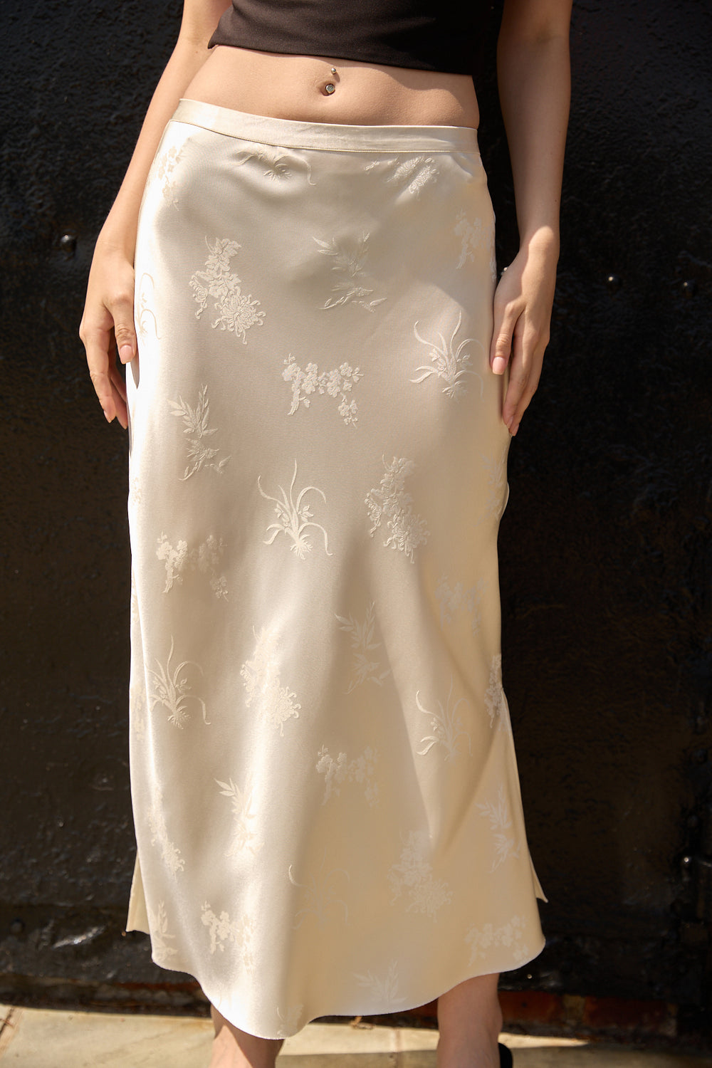 Du and Berry Beige Jacquard Long Skirt with floral pattern and smooth fabric styling