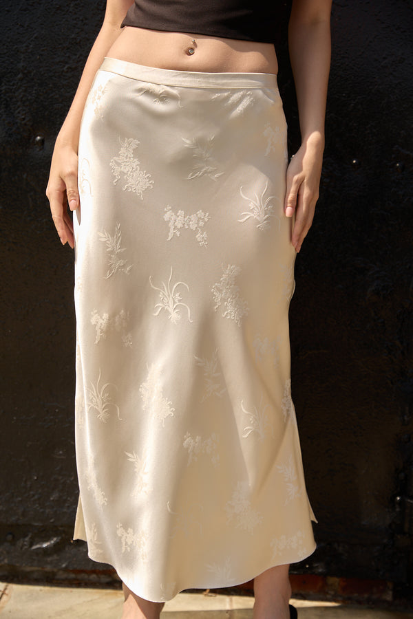 Du and Berry Beige Jacquard Long Skirt with floral pattern and smooth fabric styling