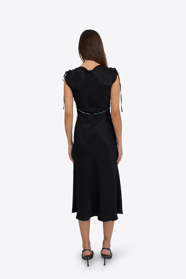 Back view of Du & Berry black midi dress with short sleeves and tie details on shoulders