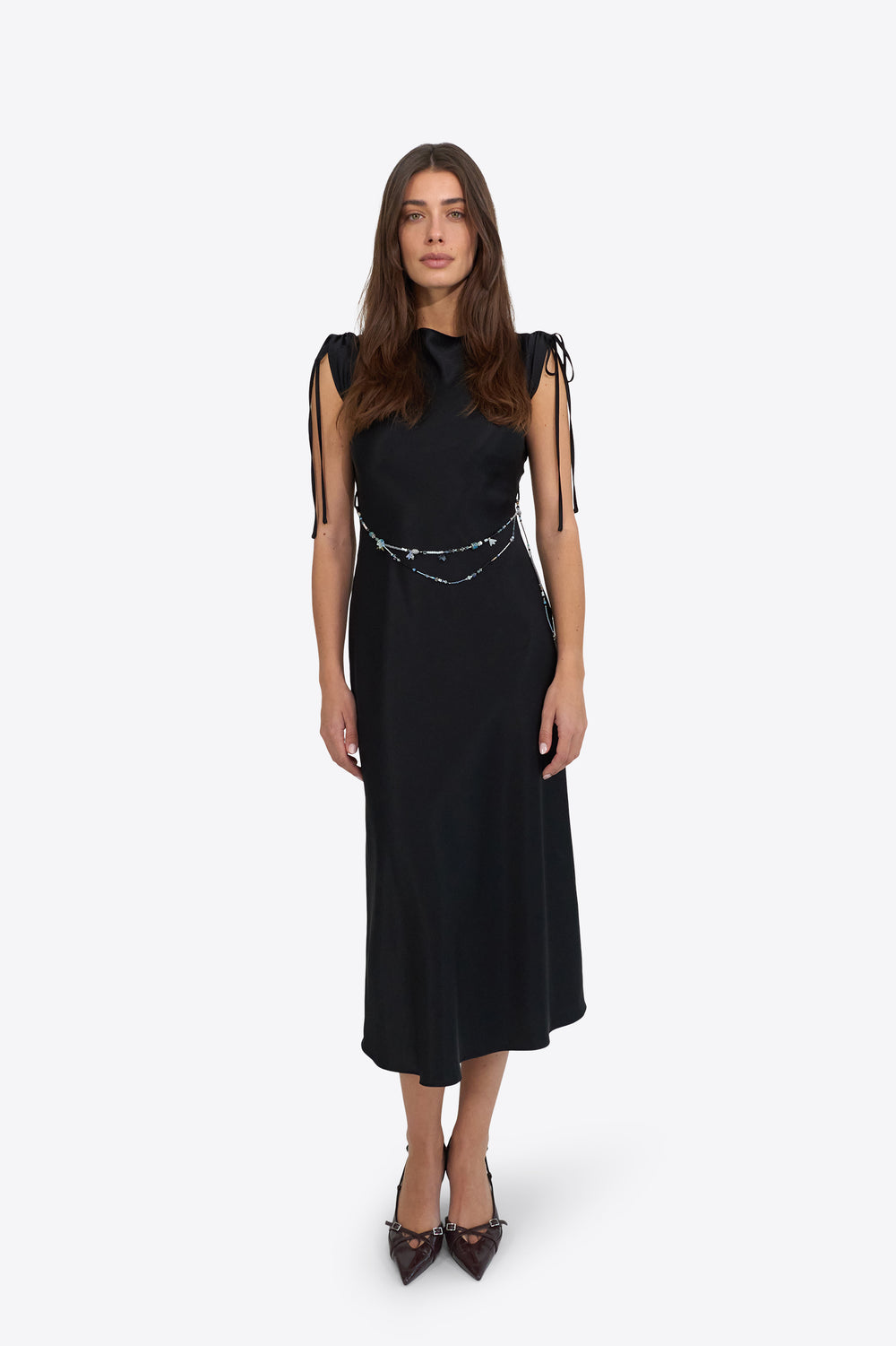 Du & Berry black midi dress with adjustable shoulder ties and sleek silhouette