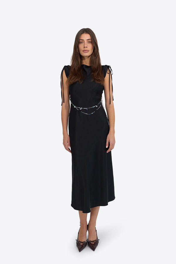 Du & Berry black midi dress with sleeveless design and tie details on shoulders for elegant look