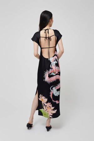Back view of Black Silk Open-Back Midi Dress featuring floral dragon print and tie closure