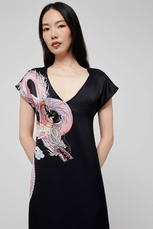 Front view: Black Silk Open-Back Midi Dress with Embroidered Dragon Design