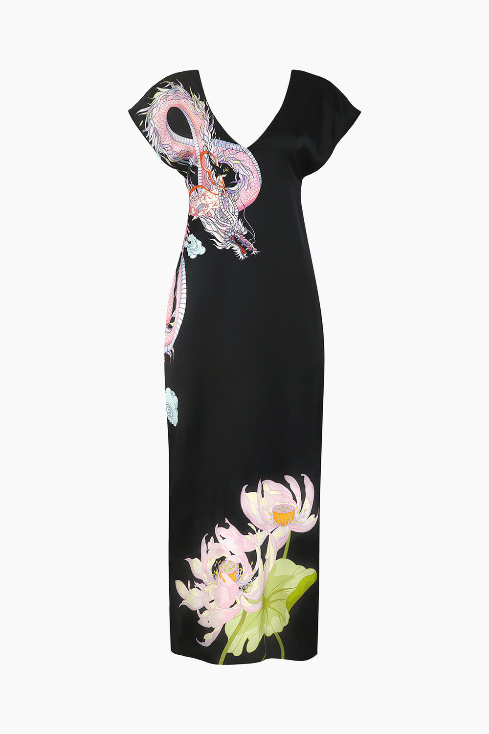 Front view: Black Silk Open-Back Midi Dress with vibrant dragon and flower prints