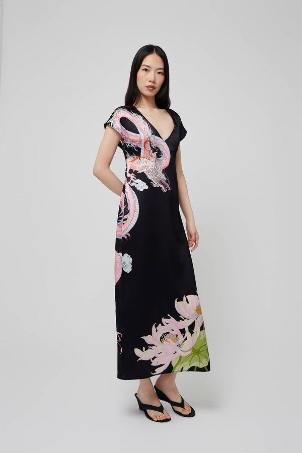 Front view: Black Silk Open-Back Midi Dress with colorful floral and dragon prints