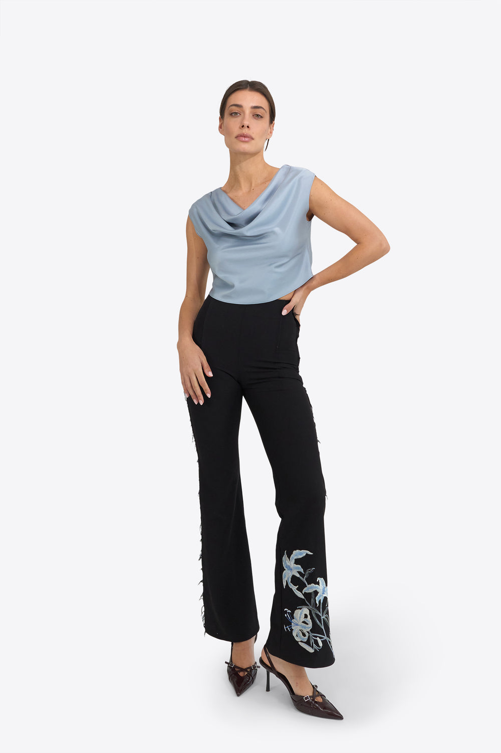 Du & Berry Blue Silky Draped Top with smooth, shiny fabric and elegant drape design