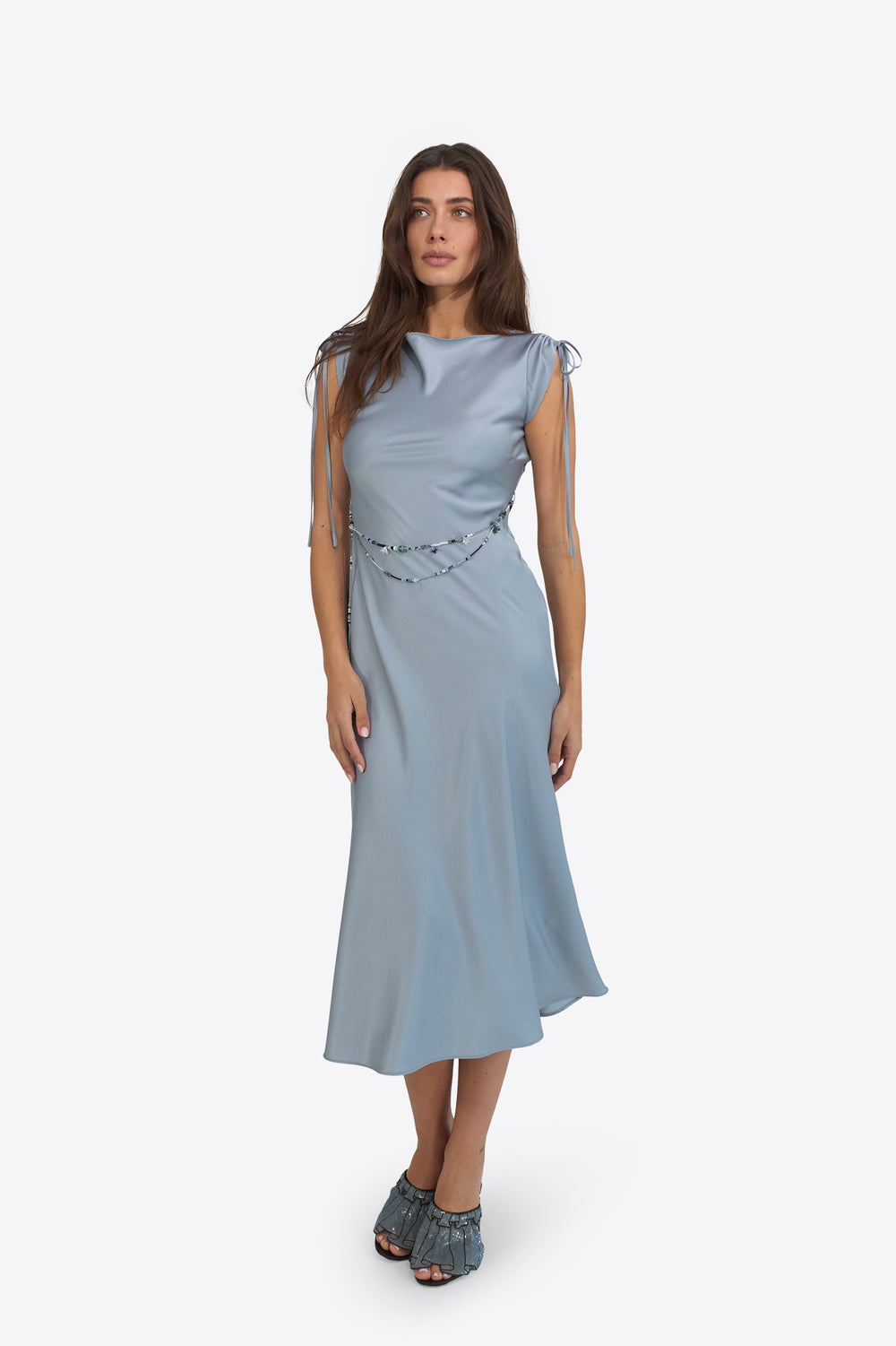 Du & Berry light blue satin midi dress with sleeveless design and tie details on shoulders