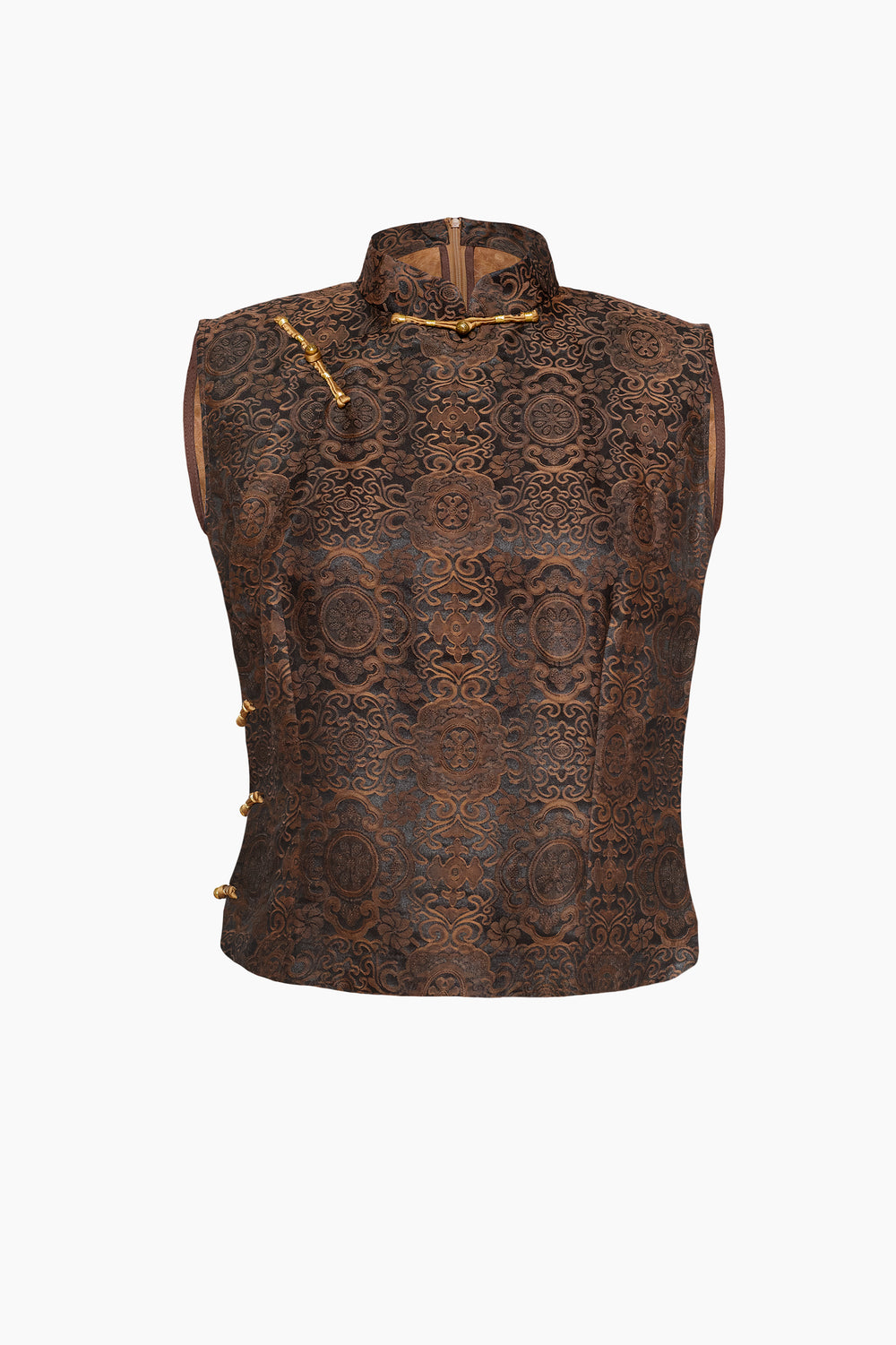 Du & Berry Brown Jacquard Mulberry Silk Vest with intricate floral pattern and side closures