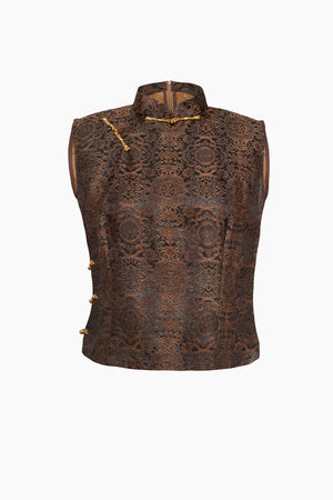 Du & Berry Jacquard Mulberry Silk Vest in brown with intricate floral pattern and mandarin collar