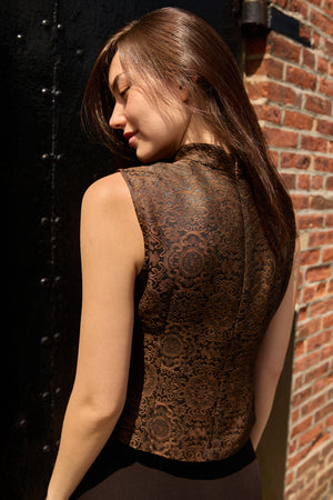 Du & Berry Brown Jacquard Mulberry Silk Vest worn by woman showing intricate back pattern