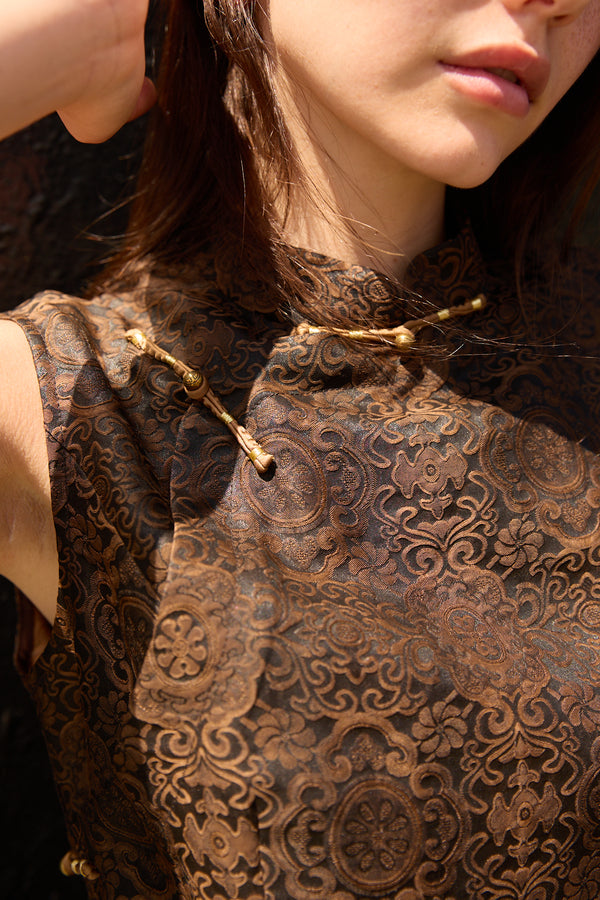 Du & Berry Brown Jacquard Mulberry Silk Vest with intricate floral pattern and traditional frog button closures
