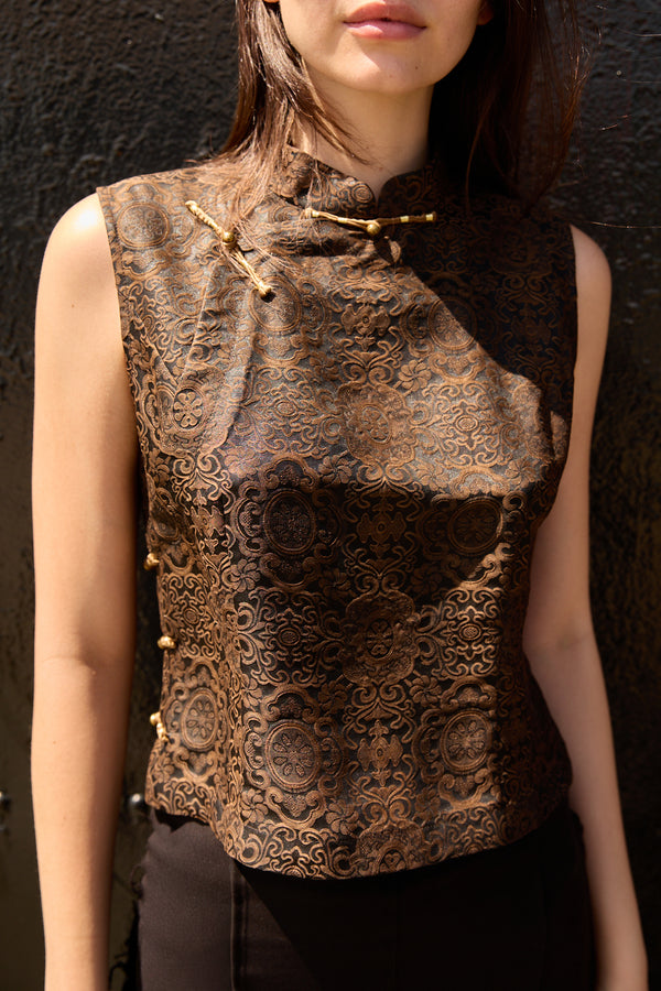 Du & Berry Brown Jacquard Mulberry Silk Vest with intricate floral pattern and traditional button details
