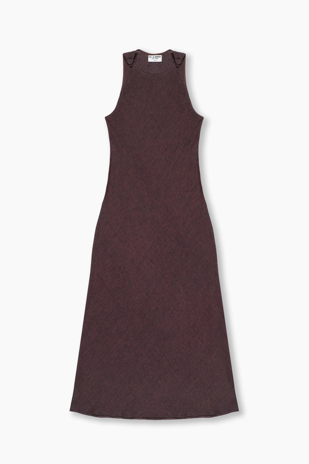 Du & Berry Brown Linen Side Split Maxi dress worn by woman standing near water under blue sky