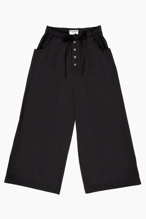 Du & Berry Cotton Palazzo Pants in Black with Wide Legs and Button Front Detail