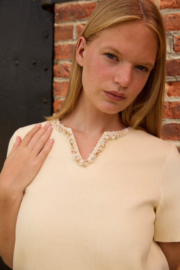 Du & Berry Beige Split Neck Linen Dress featuring decorative trim on neckline and short sleeves