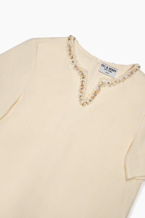 Du & Berry Beige Split Neck Linen Dress with decorative neckline detail and short sleeves