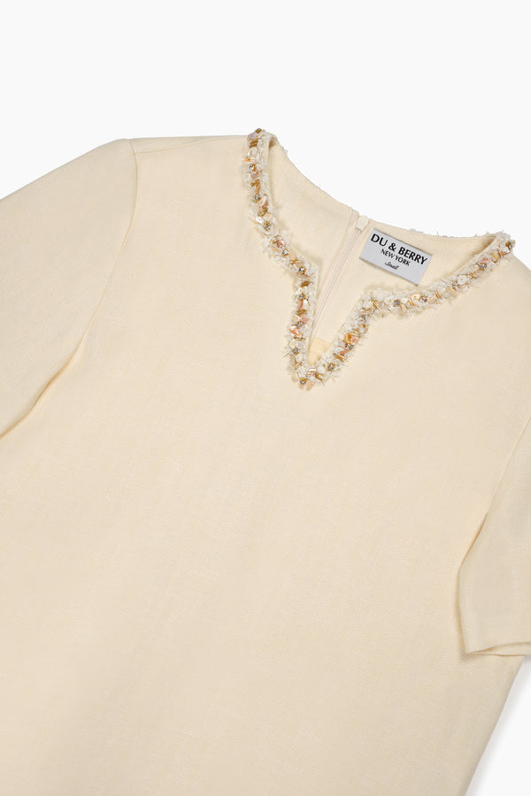 Du & Berry Beige Split Neck Linen Dress with decorative neckline detail and short sleeves