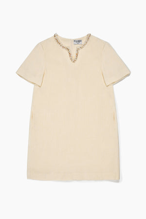 Du & Berry Beige Split Neck Linen Dress with Short Sleeves and Embellished Neckline