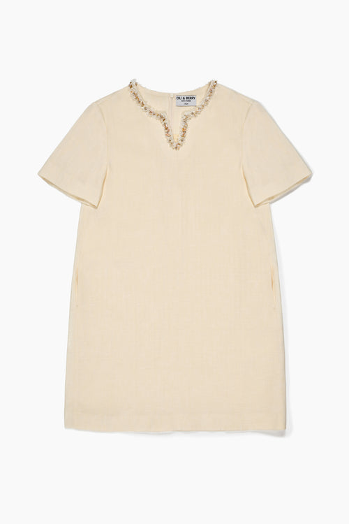 Du & Berry Beige Split Neck Linen Dress with Short Sleeves and Embellished Neckline