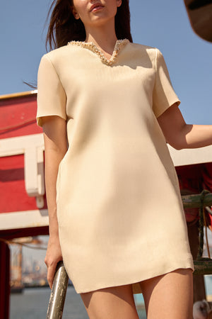 Du and Berry Beige Split Neck Linen Dress with Short Sleeves and Decorative Neckline