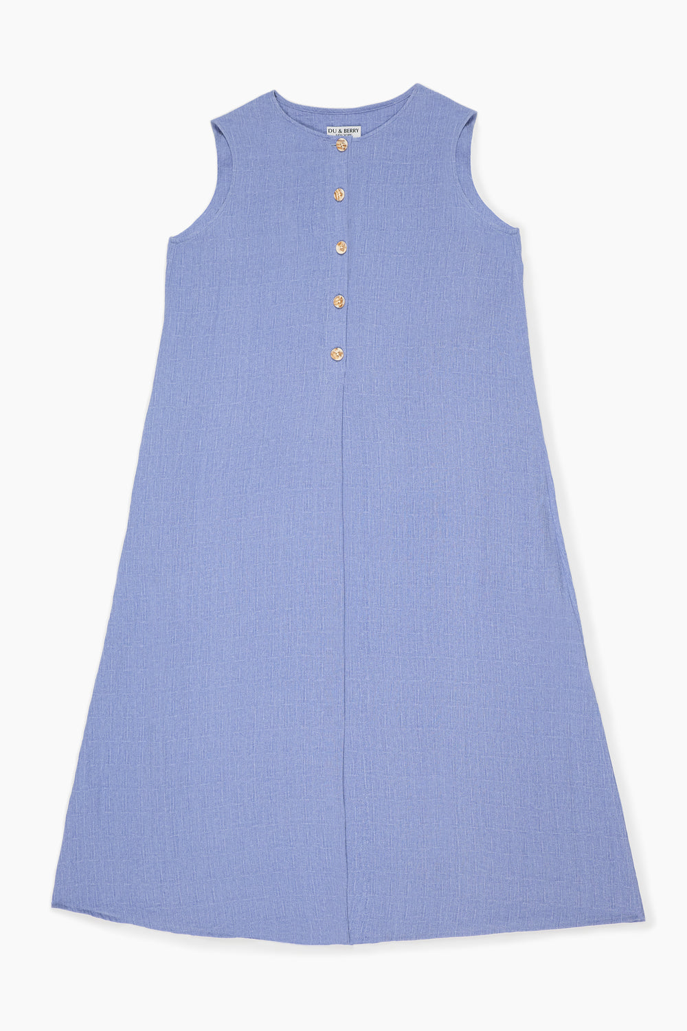 Du & Berry Blue Linen Button Midi Dress sleeveless flowy dress worn by a woman on the beach