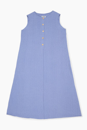 Du & Berry Blue Linen Button Midi Dress sleeveless with front buttons and A-line silhouette