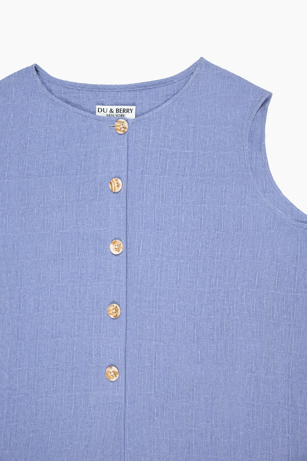 Du and Berry Blue Linen Button Midi Dress with sleeveless design and round neckline close up