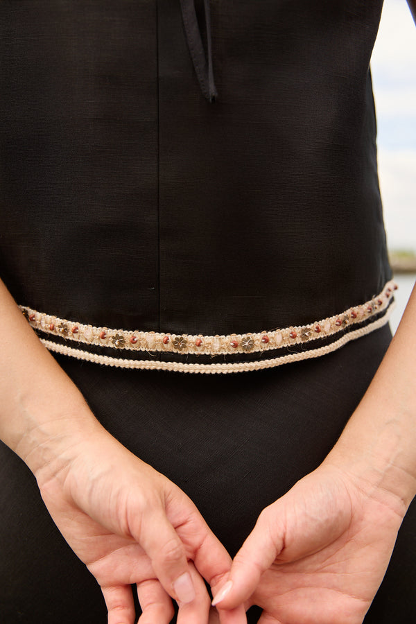 Du & Berry black Linen Top & Skirt Set with decorative bead and pearl trim detail