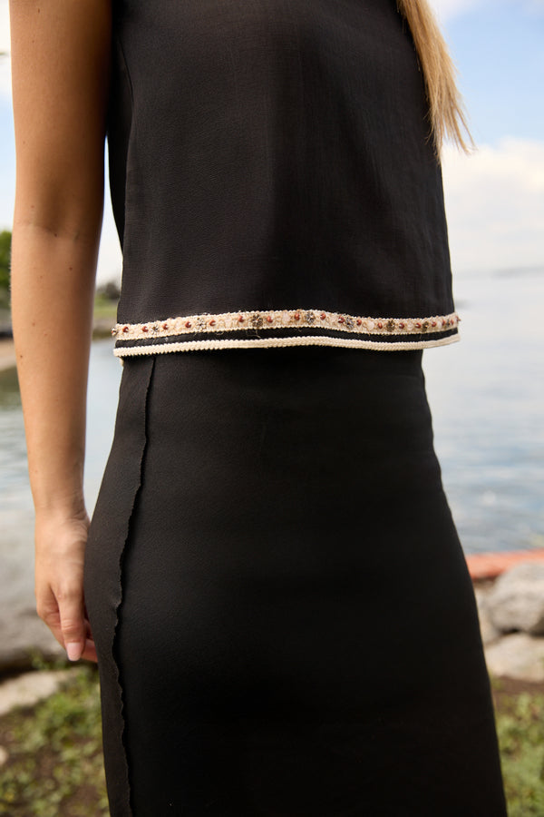 Du Berry Black Linen Top Skirt Set featuring a black linen top with decorative trim and matching skirt