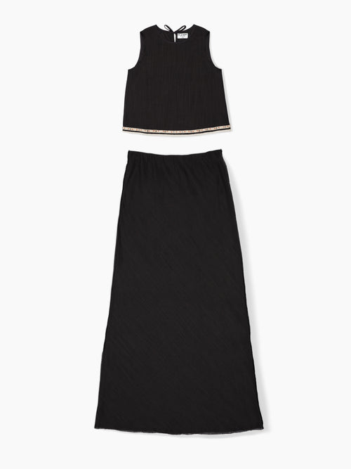 Du & Berry Black Linen Top Skirt Set with sleeveless top and long skirt in black linen fabric