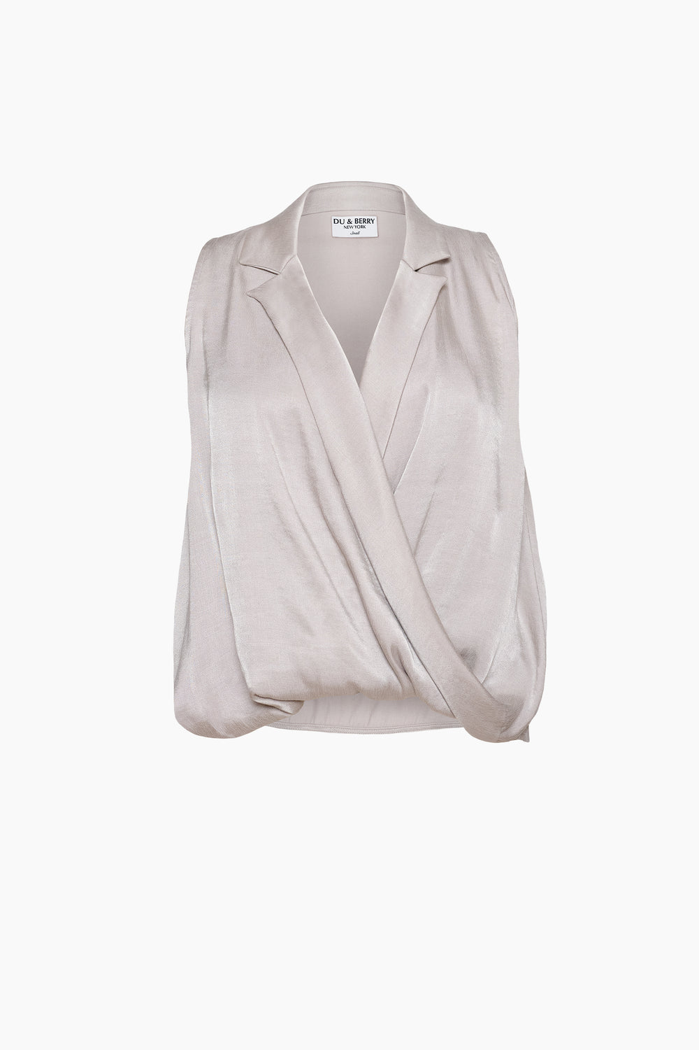 Du & Berry Grey Twist Collared Top worn by model with sleeveless design and draped front