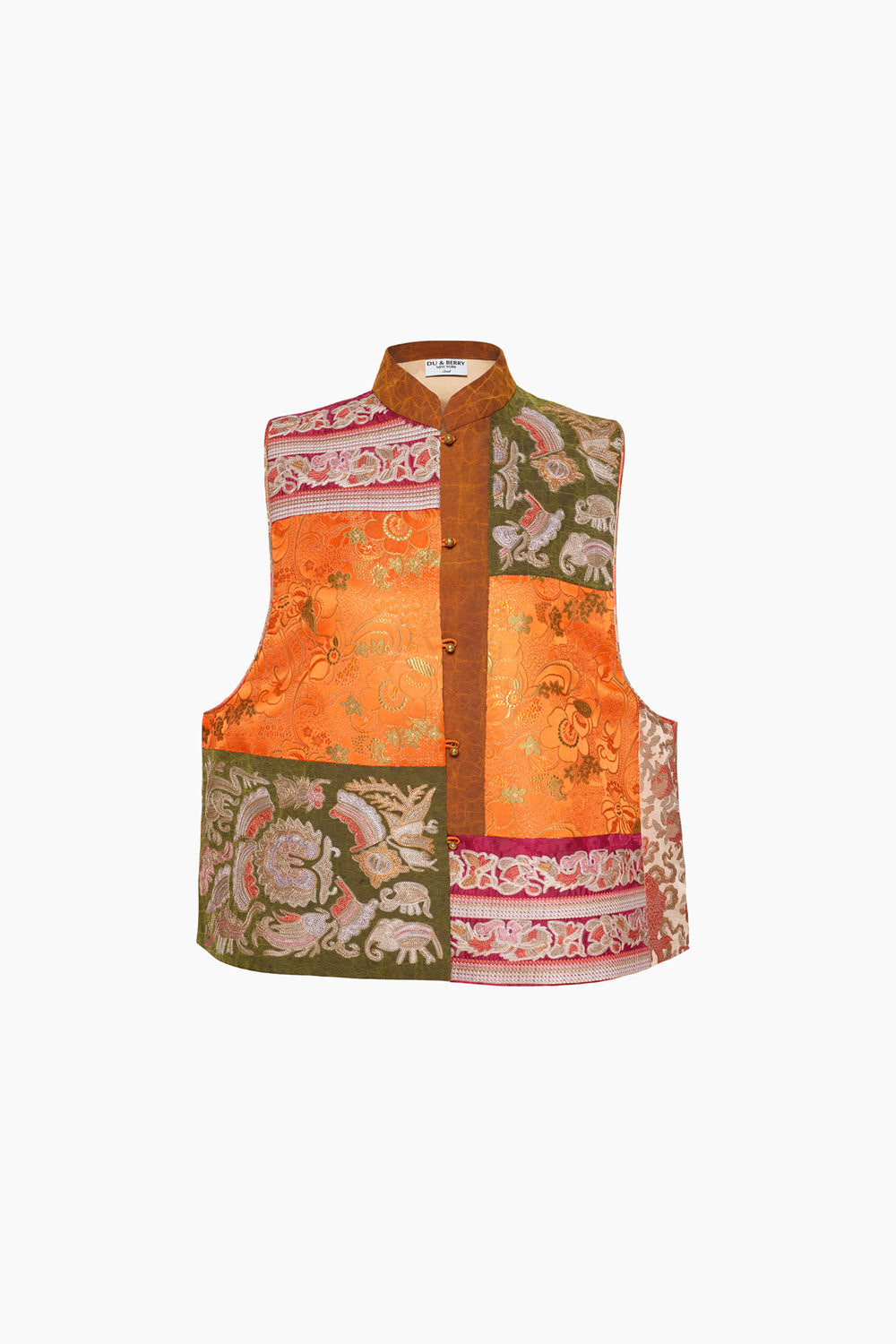 Du & Berry Embroidery Mulberry Silk Vest with floral patterns worn over a white top
