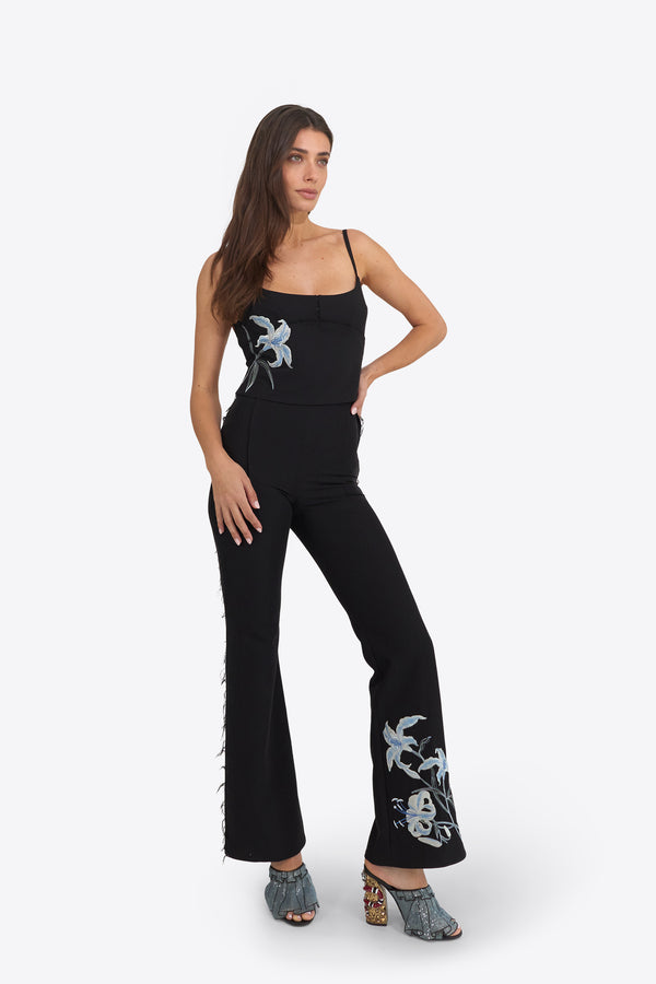 Du and Berry black embroidery top and pants set with floral designs on top and pants