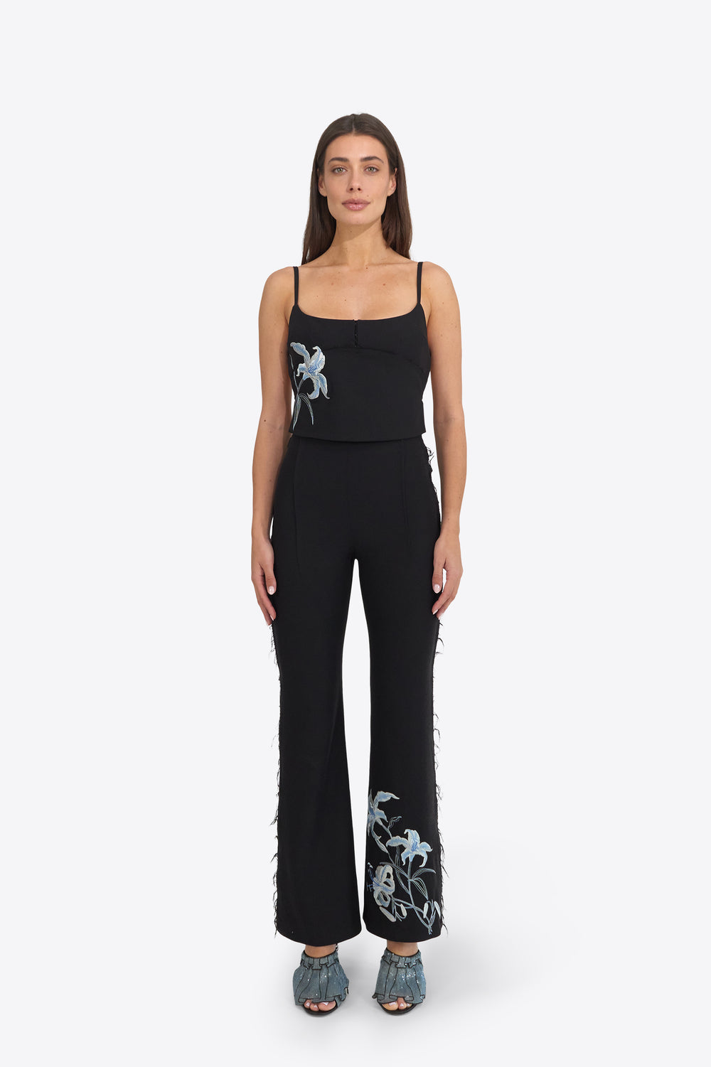 Du & Berry black embroidery top and pants set with white floral embroidery and adjustable straps