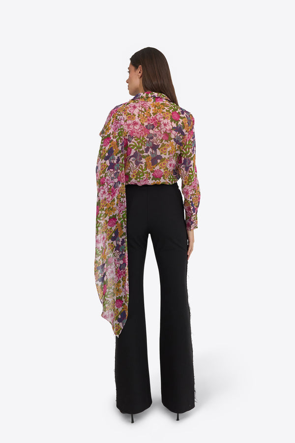 Du & Berry floral print Floral Symphony Scarf Chiffon top worn by model with black pants