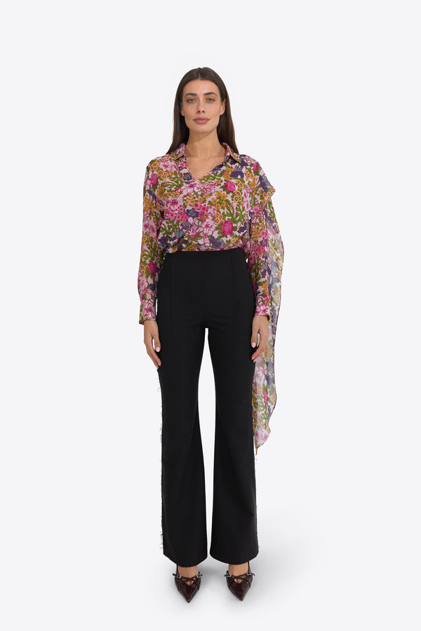 Du & Berry Floral Symphony Scarf Chiffon long sleeve floral top paired with black pants