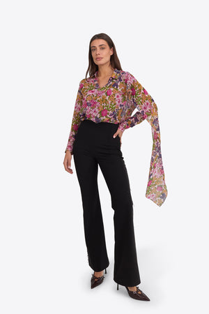 Du & Berry Floral Symphony Scarf Chiffon floral print top with long sleeves styled with black pants