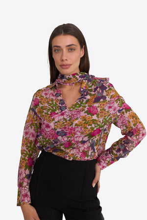 Du & Berry Floral Symphony Scarf Chiffon long sleeve floral top with purple green and pink tones