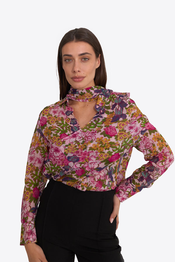 Du & Berry Floral Symphony Scarf Chiffon long sleeve floral top with purple green and pink tones