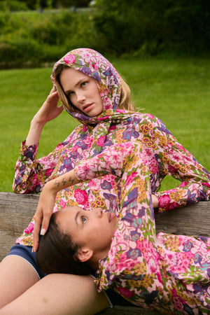 Du & Berry tops featuring Floral Symphony Scarf Chiffon print with vibrant pink and purple floral patterns