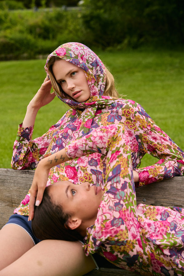 Du & Berry tops featuring Floral Symphony Scarf Chiffon print with vibrant pink and purple floral patterns