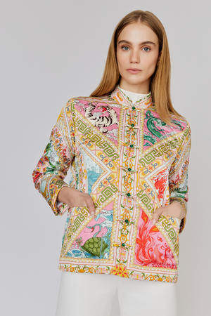 Front view: multicolor Four Divine Creatures quilted jacket with intricate patterns and pockets