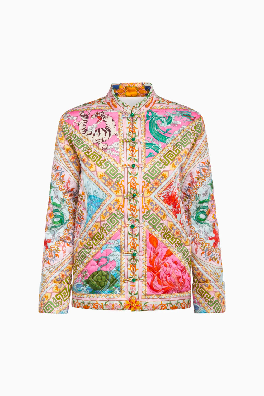 Front view: colorful Four Divine Creatures quilted jacket with vibrant floral patterns and intricate designs