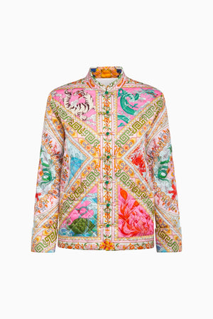Front view: colorful Four Divine Creatures quilted jacket with vibrant floral patterns and intricate designs