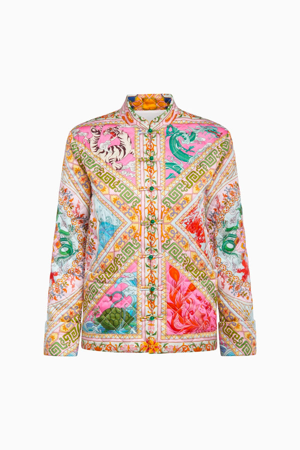 Front view: colorful Four Divine Creatures quilted jacket with vibrant floral patterns and intricate designs